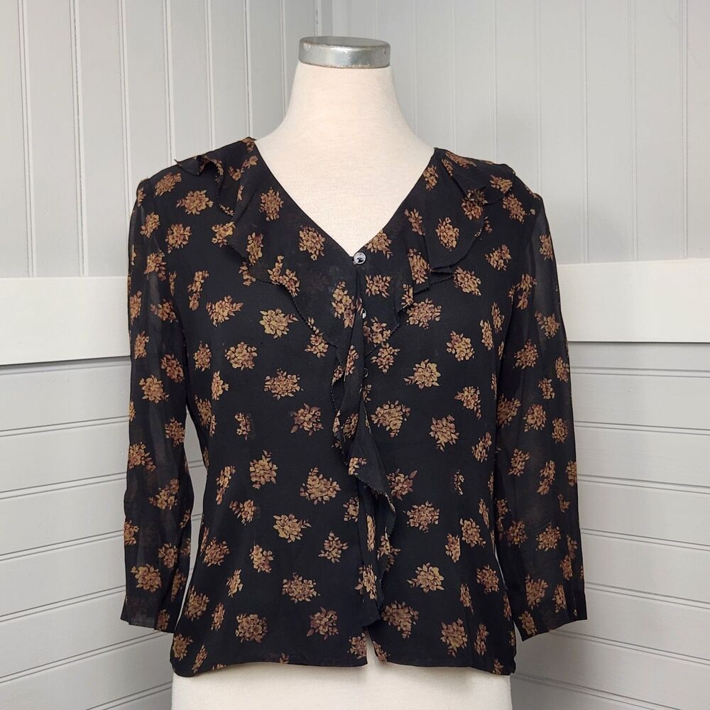 Cynthia Howie Sheer Floral 100% Silk Blouse Womens 6 Vintage Y2K Office Button